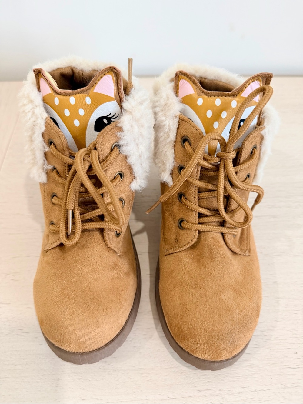 NEW Primark Tan Faux-Suede Kids Lace-Up Boots with Faux-Fur Trim
